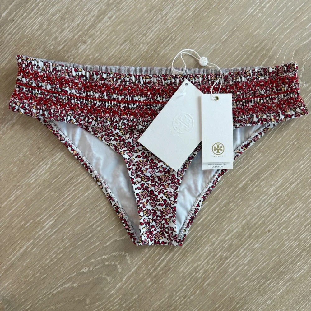 Tory Burch Costa Printed Hipster Bikini Bottom Wild Pansy Mini Red Floral XS NEW